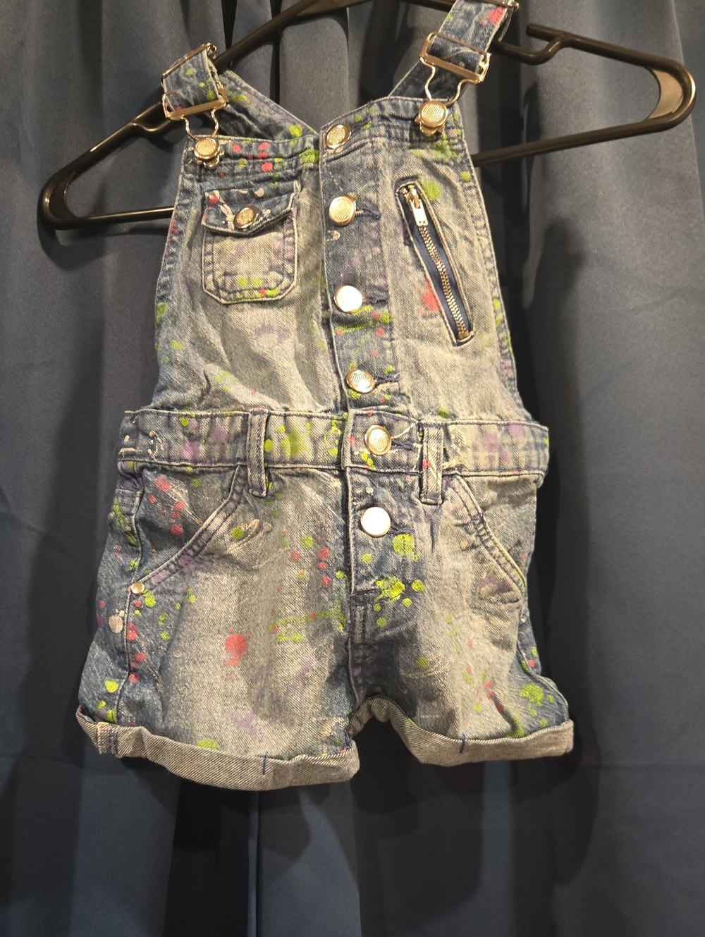 Girls Denim Paint-Splatter Short Overalls - Blue with Neon Accents